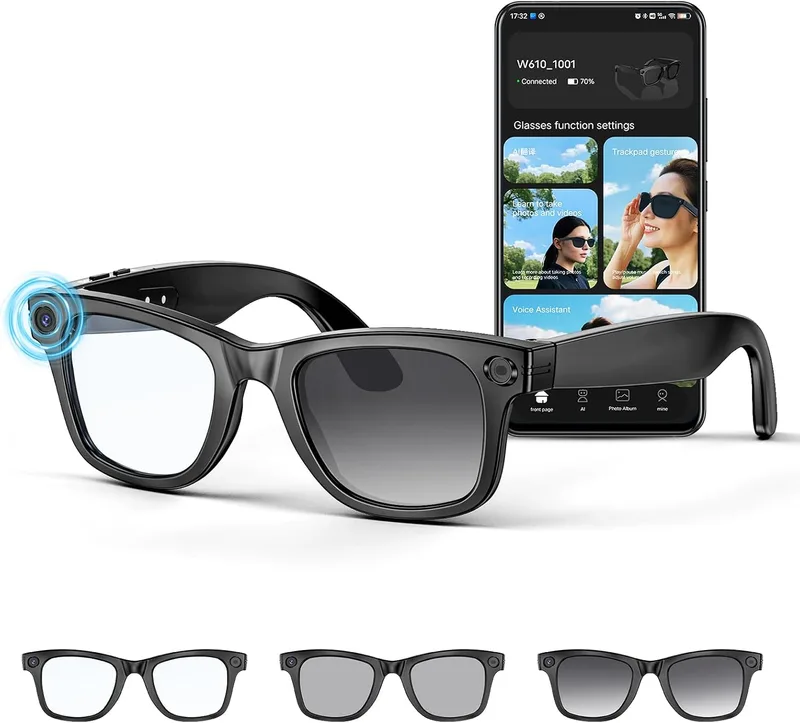 Mingtawn ▫️ Óculos inteligentes com câmara de 8 MP, óculos com IA, Bluetooth/Wi-Fi, óculos inteligentes com fotografia/gravação/chamadas/música/tradução/reconhecimento de imagens, lentes fotocromáticas + lentes azuis