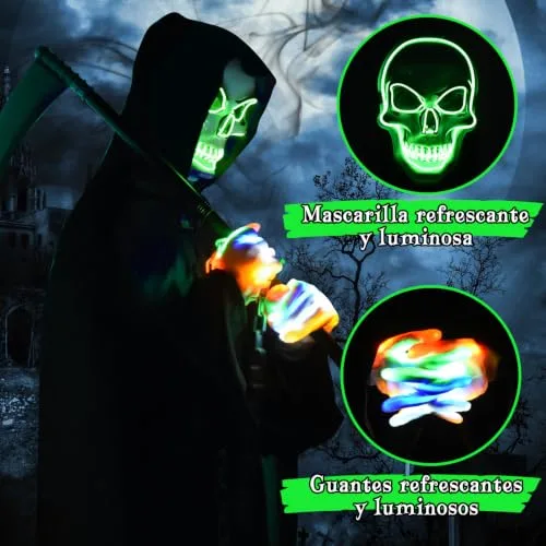 Aragallant ▫️ Fato de Fantasma para o Halloween, Fato da Morte, Capa com Capuz para o Halloween, Fato de Carnaval com Foice, Máscara de Esqueleto, Luvas e Corrente para Crianças e Adultos 2