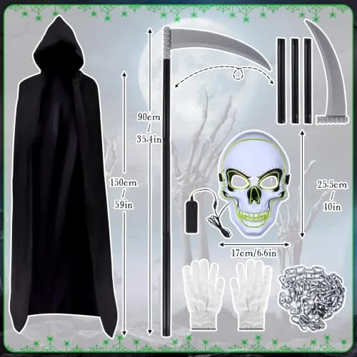 Aragallant ▫️ Fato de Fantasma para o Halloween, Fato da Morte, Capa com Capuz para o Halloween, Fato de Carnaval com Foice, Máscara de Esqueleto, Luvas e Corrente para Crianças e Adultos 3