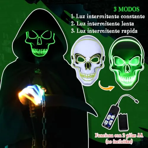 Aragallant ▫️ Fato de Fantasma para o Halloween, Fato da Morte, Capa com Capuz para o Halloween, Fato de Carnaval com Foice, Máscara de Esqueleto, Luvas e Corrente para Crianças e Adultos 4