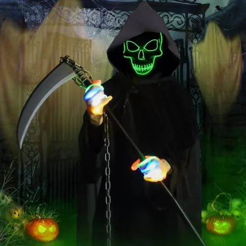 Aragallant ▫️ Fato de Fantasma para o Halloween, Fato da Morte, Capa com Capuz para o Halloween, Fato de Carnaval com Foice, Máscara de Esqueleto, Luvas e Corrente para Crianças e Adultos 6