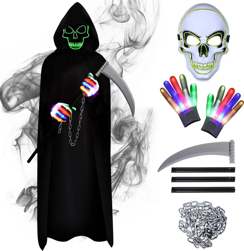 Aragallant ▫️ Fato de Fantasma para o Halloween, Fato da Morte, Capa com Capuz para o Halloween, Fato de Carnaval com Foice, Máscara de Esqueleto, Luvas e Corrente para Crianças e Adultos