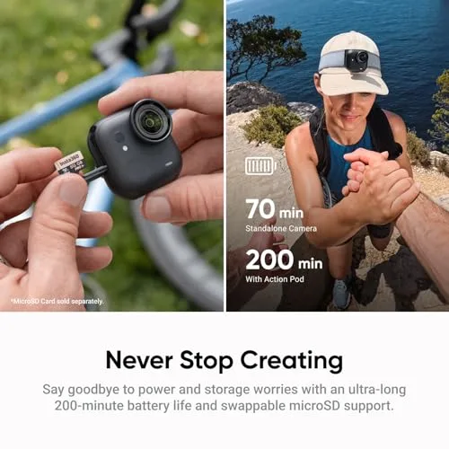 Insta360 ▫️ GO Ultra Preto — Pequena câmara para vlogs em 4K, mãos livres, câmara POV, sensor de 1/1,28", peso de 53 g, campo de visão de 156°, bateria com autonomia de 200 min, câmara de ação portátil para desporto (recondicionada) 7