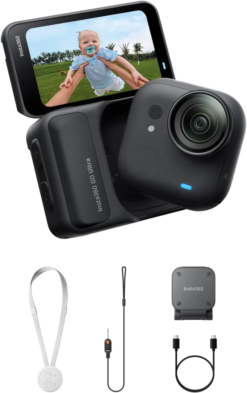 Insta360 ▫️ GO Ultra Preto — Pequena câmara para vlogs em 4K, mãos livres, câmara POV, sensor de 1/1,28", peso de 53 g, campo de visão de 156°, bateria com autonomia de 200 min, câmara de ação portátil para desporto (recondicionada)