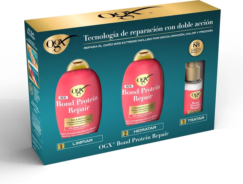 OGX ▫️ Bond Protein Repair Rutina com Champô (385 ml), Condicionador (385 ml) e Sérum Capilar (50 ml), Tratamento Hidratante para Cabelo Seco e Danificado, Fortalece a Fibra Capilar, Sem Sulfatos
