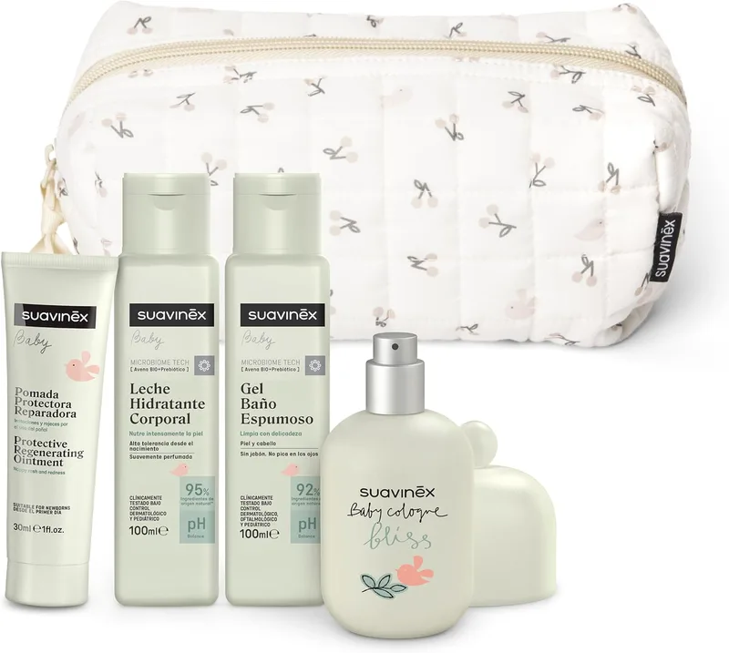 SUAVINEX ▫️ Necessaire para bebé, Cesto para recém-nascido com produtos de higiene pediátrica | Conjunto de oferta com colónia para bebés 50 ml + leite hidratante 100 ml + gel de banho 100 ml + pomada para fraldas 30 ml, Formato de viagem, bege | Conjunto de oferta com colónia para bebés 50 ml + lei