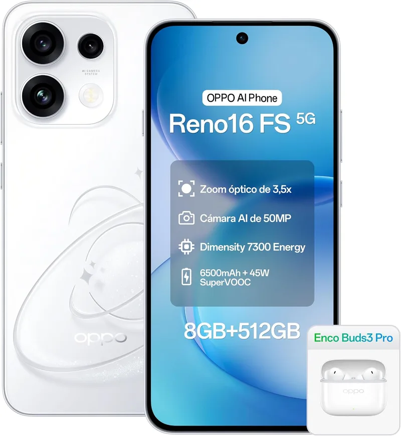 OPPO ▫️ Smartphone Reno16 FS 5G, 8 GB de RAM + 512 GB, Branco Pop