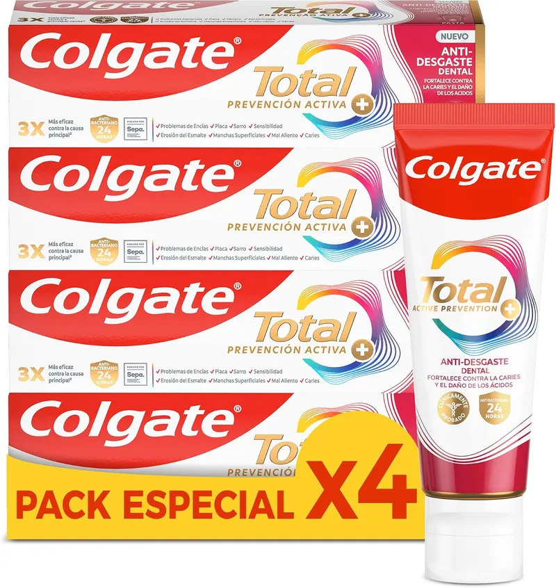 Colgate ▫️ Total Prevenção Ativa + Anti-Desgaste Dentário Pasta de dentes 75 ml (Embalagem de 4)