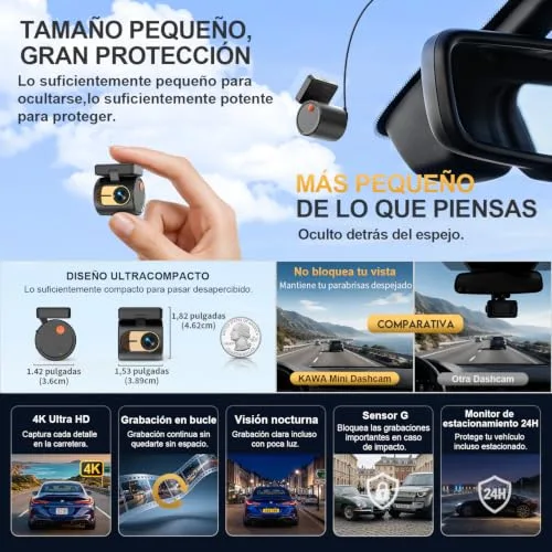 KAWA ▫️ Mini câmara de bordo 4K, controlo por voz, Wi-Fi, gravação em loop, carro 3