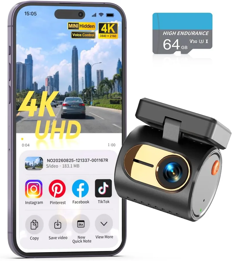 KAWA ▫️ Mini câmara de bordo 4K, controlo por voz, Wi-Fi, gravação em loop, carro