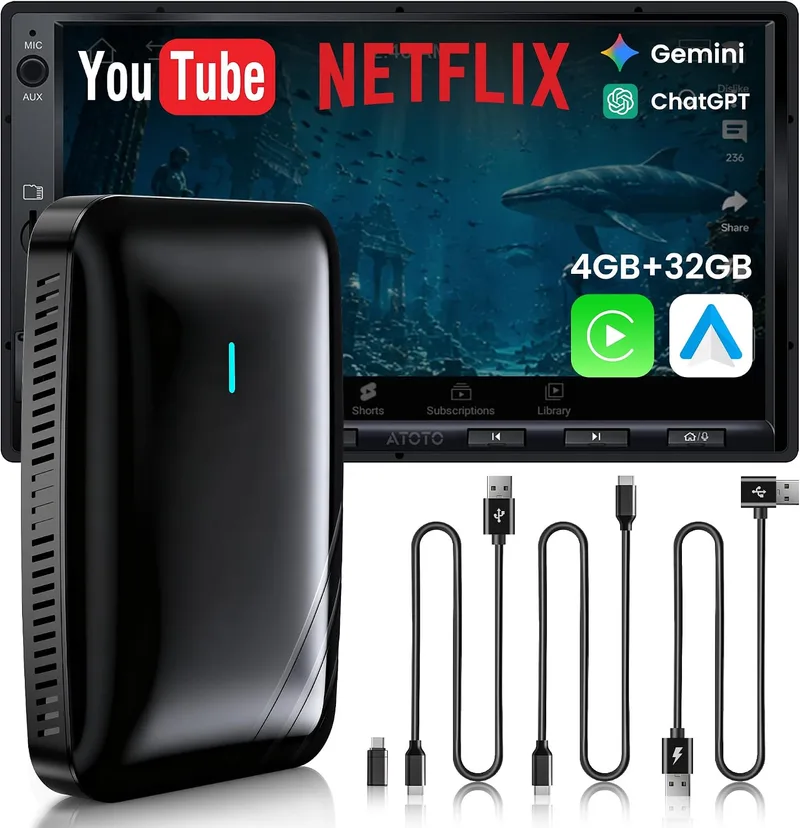 ATOTODIRECT ▫️ Adaptador sem fios para CarPlay e Android Auto, AI Box CarPlay Video 3 em 1 para cabo OEM CP/AA, 4G+32G, WiFi duplo e concentrador Bluetooth IoT, para Netflix/YouTube/TikTok, DriveChat AI Voice, CB4B