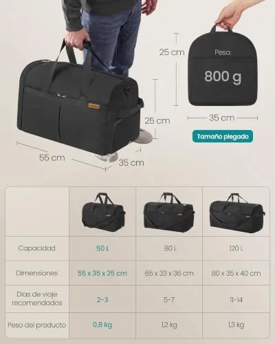SONGMICS ▫️ Saco de viagem grande dobrável de 50 L, com compartimento para sapatos 4