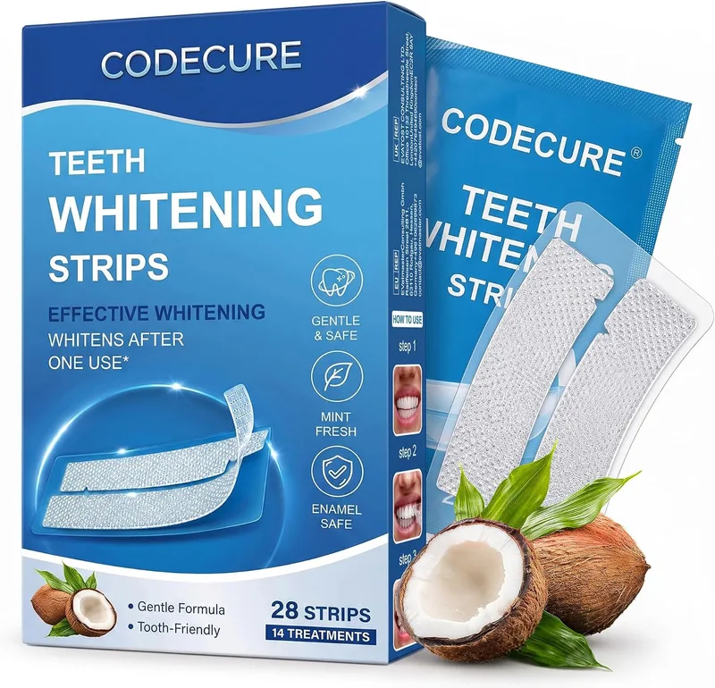 CODECURE ▫️ Tiras branqueadoras para dentes sem sensibilidade, com sabor a coco, 28 tiras