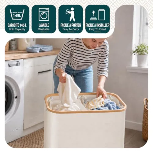 VOUNOT ▫️ ® Cesto para roupa suja com tampa, 145 L. Cesto para roupa suja, cesto dobrável com rodas, sacos interiores removíveis, pegas de bambu. Cesto para roupa suja para lavandaria, quarto e casa de banho. Cor: bege 2