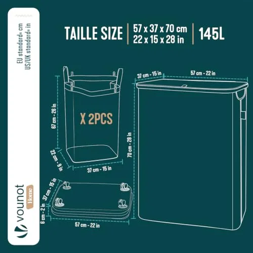 VOUNOT ▫️ ® Cesto para roupa suja com tampa, 145 L. Cesto para roupa suja, cesto dobrável com rodas, sacos interiores removíveis, pegas de bambu. Cesto para roupa suja para lavandaria, quarto e casa de banho. Cor: bege 3