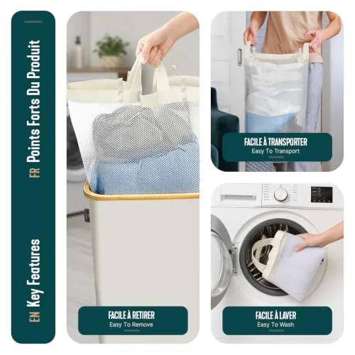 VOUNOT ▫️ ® Cesto para roupa suja com tampa, 145 L. Cesto para roupa suja, cesto dobrável com rodas, sacos interiores removíveis, pegas de bambu. Cesto para roupa suja para lavandaria, quarto e casa de banho. Cor: bege 4
