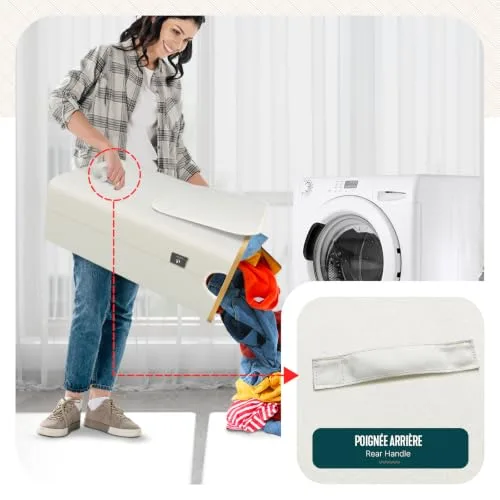 VOUNOT ▫️ ® Cesto para roupa suja com tampa, 145 L. Cesto para roupa suja, cesto dobrável com rodas, sacos interiores removíveis, pegas de bambu. Cesto para roupa suja para lavandaria, quarto e casa de banho. Cor: bege 5