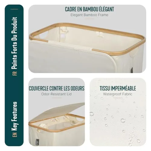 VOUNOT ▫️ ® Cesto para roupa suja com tampa, 145 L. Cesto para roupa suja, cesto dobrável com rodas, sacos interiores removíveis, pegas de bambu. Cesto para roupa suja para lavandaria, quarto e casa de banho. Cor: bege 6