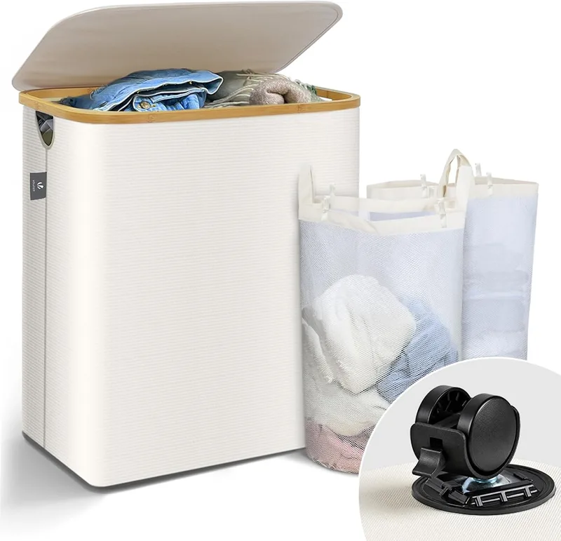 VOUNOT ▫️ ® Cesto para roupa suja com tampa, 145 L. Cesto para roupa suja, cesto dobrável com rodas, sacos interiores removíveis, pegas de bambu. Cesto para roupa suja para lavandaria, quarto e casa de banho. Cor: bege