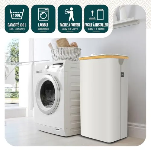 VOUNOT ▫️ ® Cesto para roupa suja com tampa, 100 L. Cesto para roupa suja, dobrável, com rodas, saco interior removível e pegas de bambu. Cesto para roupa suja para lavandaria, quarto e casa de banho, bege 2