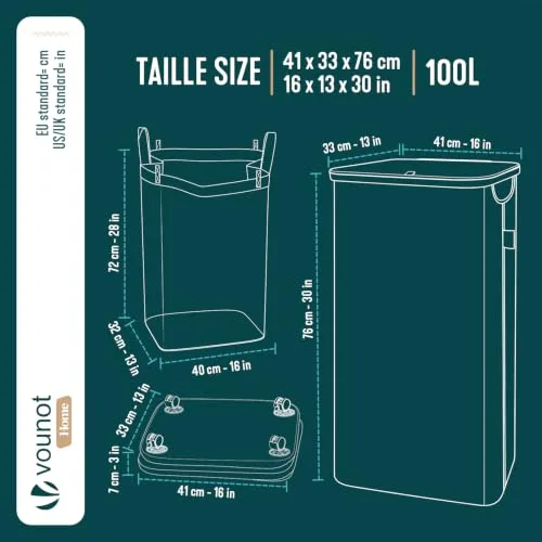 VOUNOT ▫️ ® Cesto para roupa suja com tampa, 100 L. Cesto para roupa suja, dobrável, com rodas, saco interior removível e pegas de bambu. Cesto para roupa suja para lavandaria, quarto e casa de banho, bege 3
