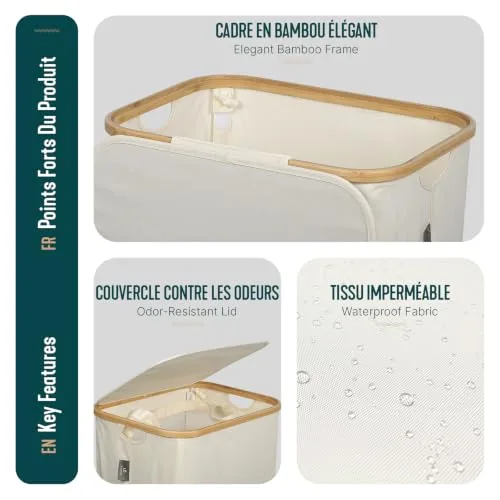 VOUNOT ▫️ ® Cesto para roupa suja com tampa, 100 L. Cesto para roupa suja, dobrável, com rodas, saco interior removível e pegas de bambu. Cesto para roupa suja para lavandaria, quarto e casa de banho, bege 6