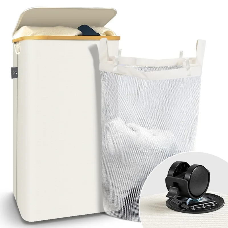 VOUNOT ▫️ ® Cesto para roupa suja com tampa, 100 L. Cesto para roupa suja, dobrável, com rodas, saco interior removível e pegas de bambu. Cesto para roupa suja para lavandaria, quarto e casa de banho, bege