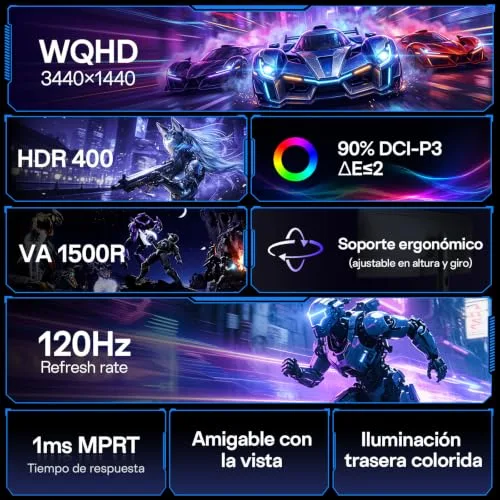 HKC ▫️ Monitor de jogos curvo de 34 polegadas UWQHD (3440x1440) VA, 120 Hz, 1 ms MPRT 2