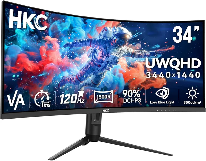 HKC ▫️ Monitor de jogos curvo de 34 polegadas UWQHD (3440x1440) VA, 120 Hz, 1 ms MPRT