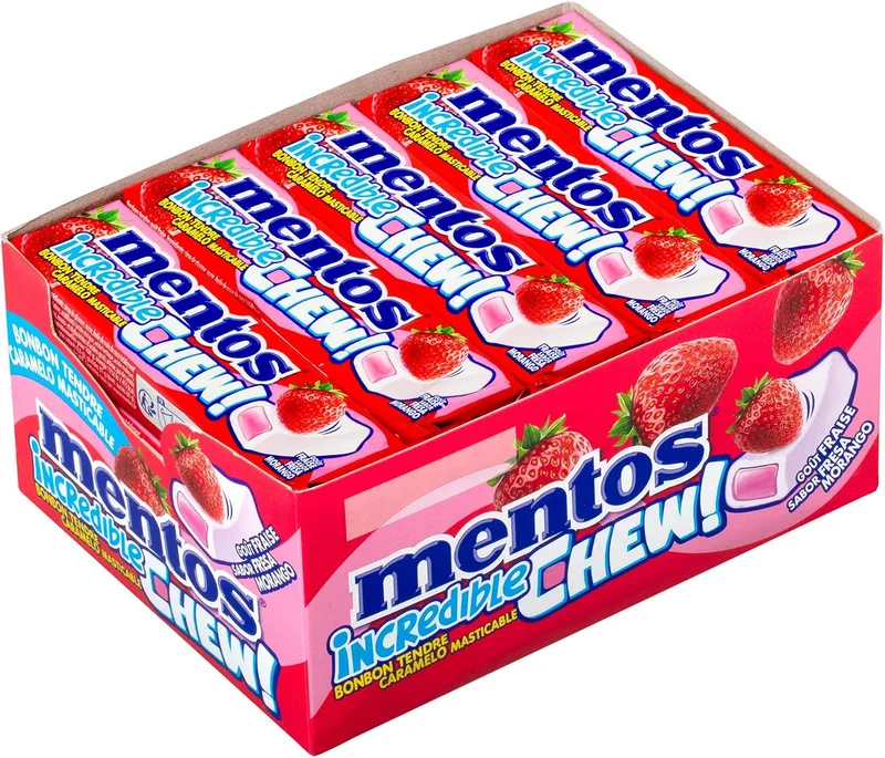 Mentos ▫️ Incredible Chew Morango, Rebuçados Mastigáveis de Textura Elástica, 20 unidades