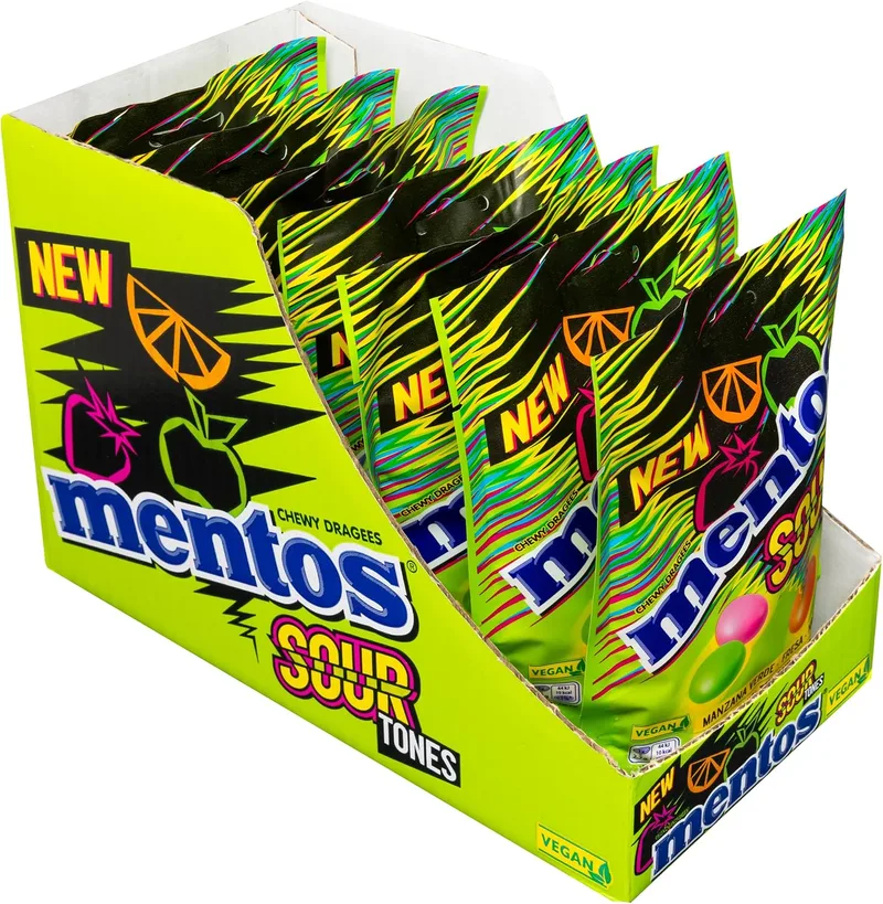 Mentos ▫️ Sours Pouch, Rebuçados Ácidos para Mastigar com Vários Sabores, Embalagem de 7 unidades