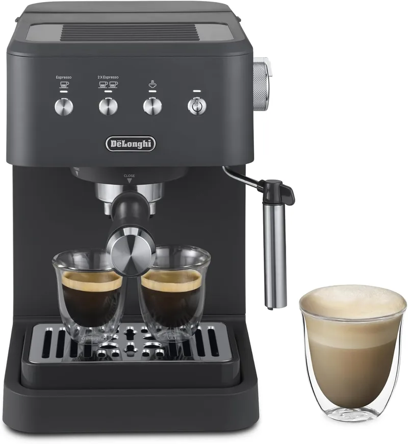 De'Longhi ▫️ Classic - Máquina de café expresso com bocal manual para espumar leite | Máquina compacta para café expresso e cappuccino, painel de controlo com botões, bomba de 15 bar, cinzenta, EM352.G