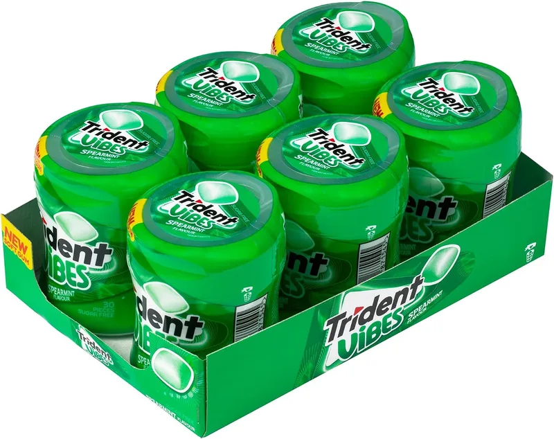 Trident ▫️ Vibes Spearmint Pastilhas Elásticas com Sabor a Menta Verde Sem Açúcar, Embalagem com 6 frascos