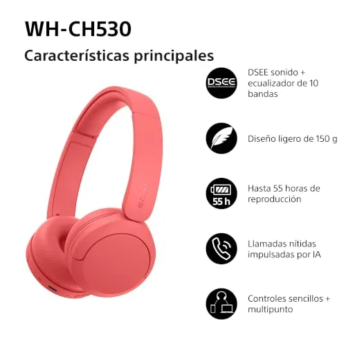 Sony ▫️ Auscultadores sem fios Bluetooth WH-CH530 - Vermelho Coral Exclusivo 2