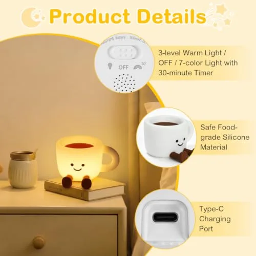 AUAUY ▫️ Caneca de Café com Luz Noturna para Crianças, 7 Cores, 3 Modos, Regulação Tátil 4