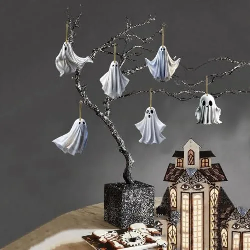 Dereine ▫️ Enfeites suspensos de Halloween, conjunto de 6 peças para decoração da árvore de Halloween, enfeite em forma de fantasma, acrílico, para enfeites suspensos de decoração da árvore de Halloween 2