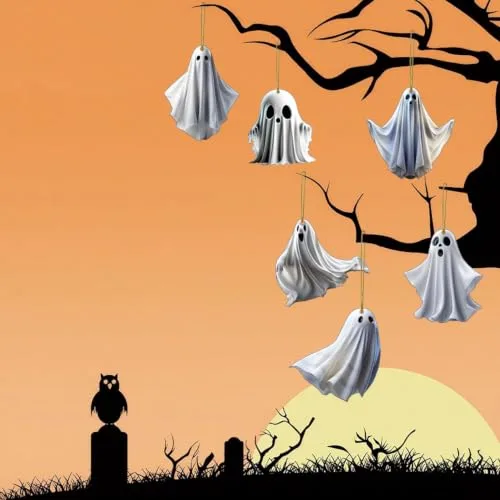 Dereine ▫️ Enfeites suspensos de Halloween, conjunto de 6 peças para decoração da árvore de Halloween, enfeite em forma de fantasma, acrílico, para enfeites suspensos de decoração da árvore de Halloween 3