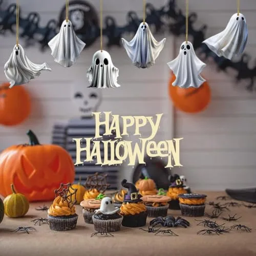 Dereine ▫️ Enfeites suspensos de Halloween, conjunto de 6 peças para decoração da árvore de Halloween, enfeite em forma de fantasma, acrílico, para enfeites suspensos de decoração da árvore de Halloween 5