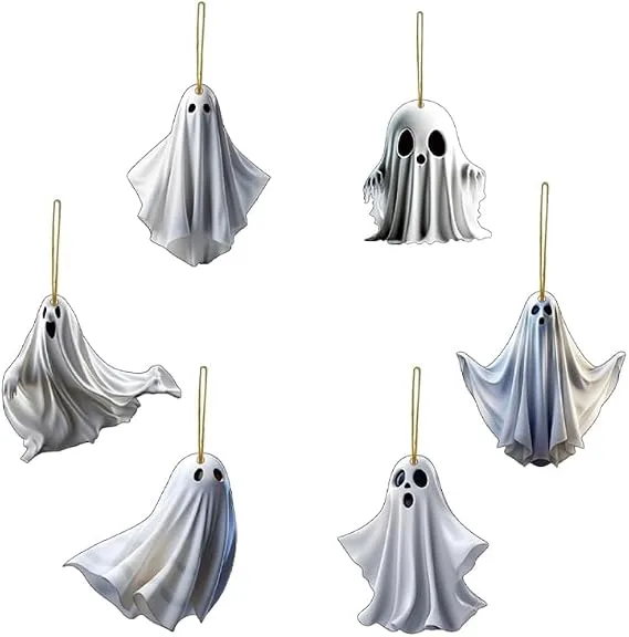 Dereine ▫️ Enfeites suspensos de Halloween, conjunto de 6 peças para decoração da árvore de Halloween, enfeite em forma de fantasma, acrílico, para enfeites suspensos de decoração da árvore de Halloween