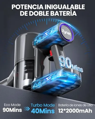 Zynet ▫️ DP2 Aspirador sem fio com 2 baterias integradas, 90 min/48 kPa/600 W 2