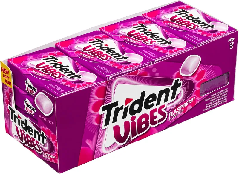 Trident ▫️ Vibes Berries Pastilhas Elásticas com Sabor a Frutos Vermelhos Sem Açúcar, Embalagem de 16 unidades