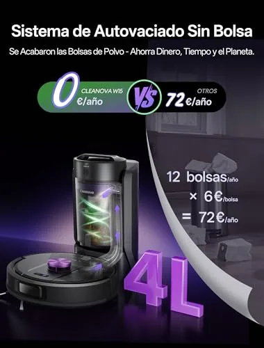 Vexilar ▫️ Robô aspirador W15 de 10 000 Pa, com esfregona e 5 mapas inteligentes, autonomia de 180 minutos, programação fácil, base com autodesvazamento de 4 L sem saco, robô aspirador e esfregador para pisos/tapetes/partículas 4