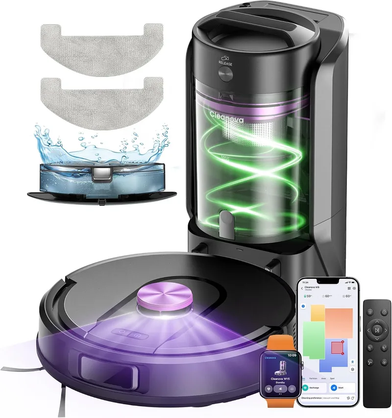Vexilar ▫️ Robô aspirador W15 de 10 000 Pa, com esfregona e 5 mapas inteligentes, autonomia de 180 minutos, programação fácil, base com autodesvazamento de 4 L sem saco, robô aspirador e esfregador para pisos/tapetes/partículas
