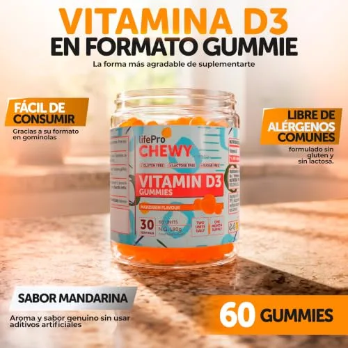 LIFE PRO NUTRITION ▫️ Life Pro Chewy Vitamina D3 2000 UI 60 Gomas - Suplemento de vitamina D3 delicioso e eficaz para a saúde óssea e imunológica - Adequado para toda a família, sem glúten, sem lactose 3
