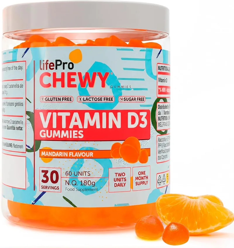 LIFE PRO NUTRITION ▫️ Life Pro Chewy Vitamina D3 2000 UI 60 Gomas - Suplemento de vitamina D3 delicioso e eficaz para a saúde óssea e imunológica - Adequado para toda a família, sem glúten, sem lactose