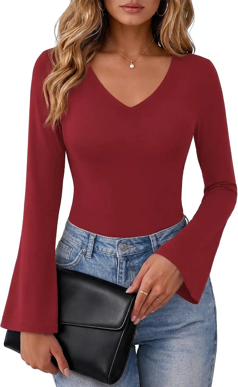 Totatuit ▫️ Camisola de manga comprida para mulher, blusa para mulher com decote em V e mangas largas