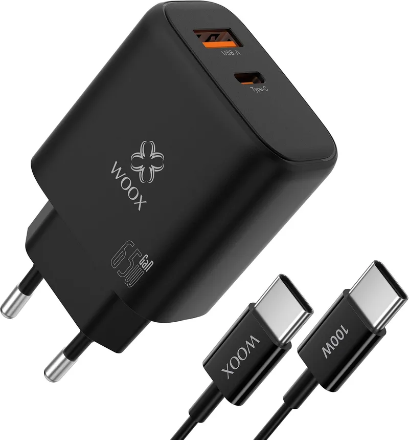 Woox ▫️ Carregador USB-C de 65 W, Carregador de Carregamento Rápido com Duas Portas para iPhone