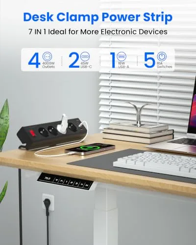 oorkyzz ▫️ Multitoma de secretária com USB-C GAN 45 W, carregamento rápido, suporte de fixação, preta 2