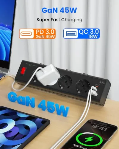 oorkyzz ▫️ Multitoma de secretária com USB-C GAN 45 W, carregamento rápido, suporte de fixação, preta 3
