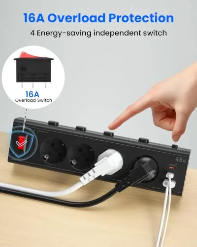 oorkyzz ▫️ Multitoma de secretária com USB-C GAN 45 W, carregamento rápido, suporte de fixação, preta 5